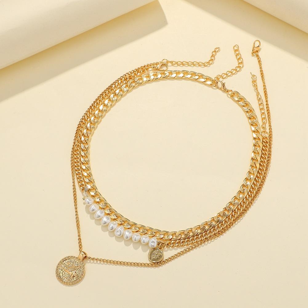 Jewelry Fashion Metal Pearl Mix and Match Three Layers Chain Necklace Hip Hop Rose Embossed Coin Pendant