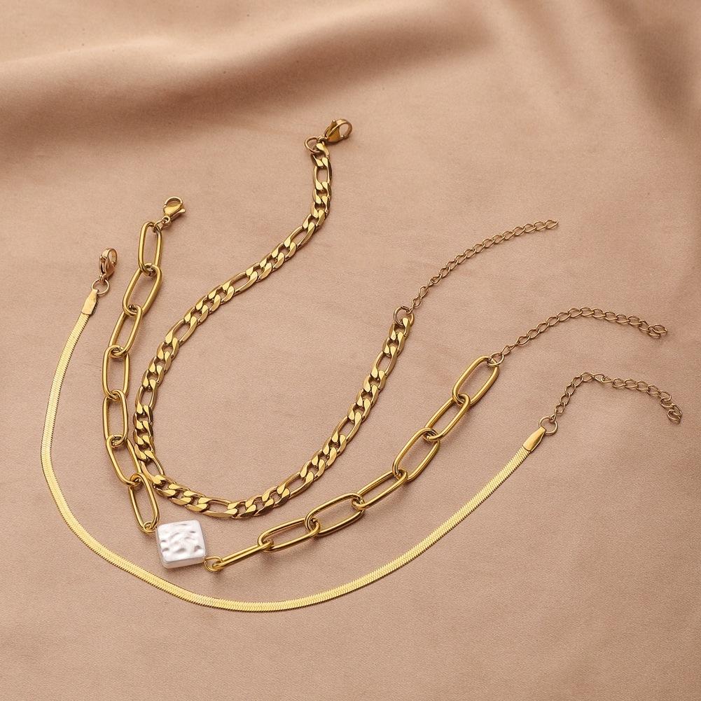 Stainless steel gold three-layer chain diamond-shaped pearl anklet titanium steel foot decoration niche design sense for women