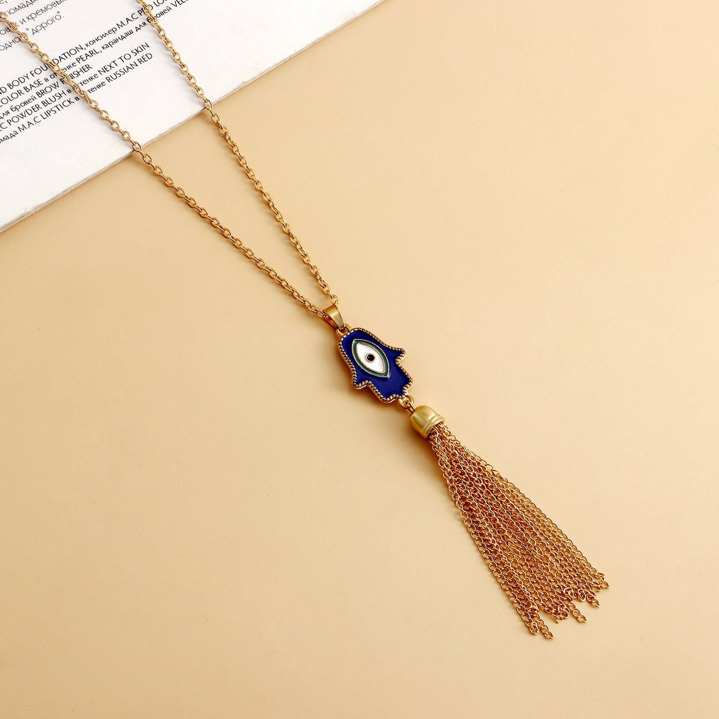 Jewelry Hand of Fatima Blue Evil Eye Tassel Pendant Necklace Women's Sweater Chain Trendy