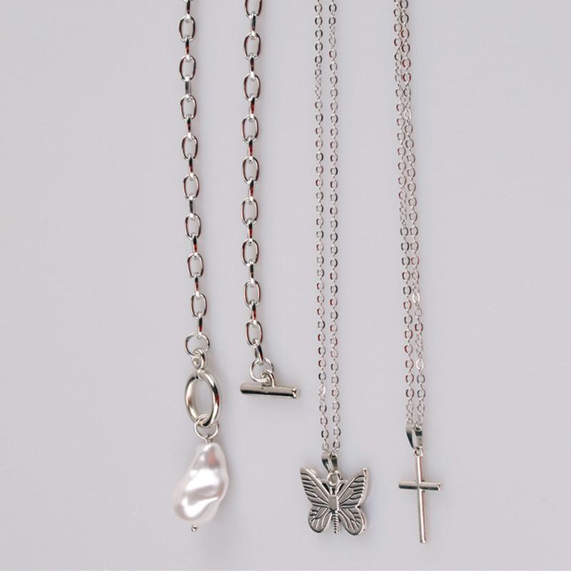 Jewelry Retro Multi-layer Cross Baroque Pearl Butterfly Necklace Female Detachable Three-piece Set