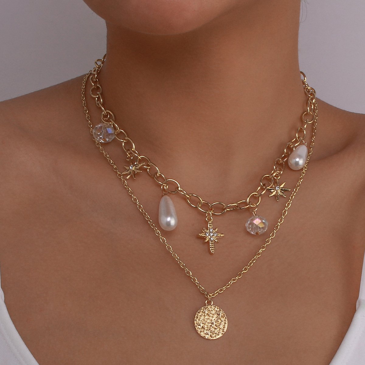 N161 Accessories Pearl Crystal Double Layer Simple Necklace Octagram Disc Temperament Necklace Female