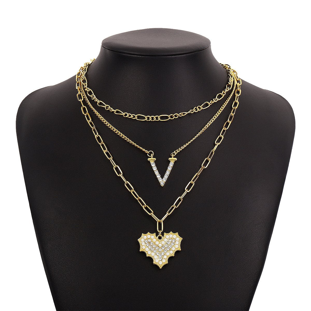 N1174 Exaggerated stacked geometric heart necklace imitation pearl rhinestone micro-inlaid V-shaped hip-hop punk necklace