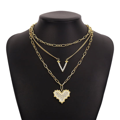 N1174 Exaggerated stacked geometric heart necklace imitation pearl rhinestone micro-inlaid V-shaped hip-hop punk necklace