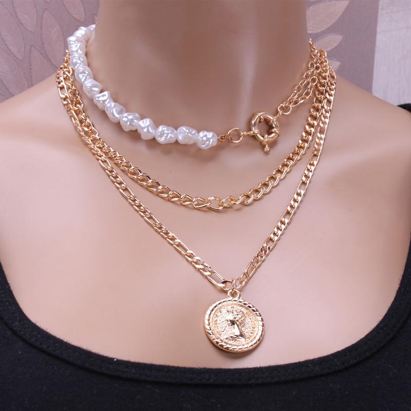 Jewelry Fashion Imitation Pearl Mix Three Layer Chain Necklace Hip Hop Rose Embossed Pendant Necklace