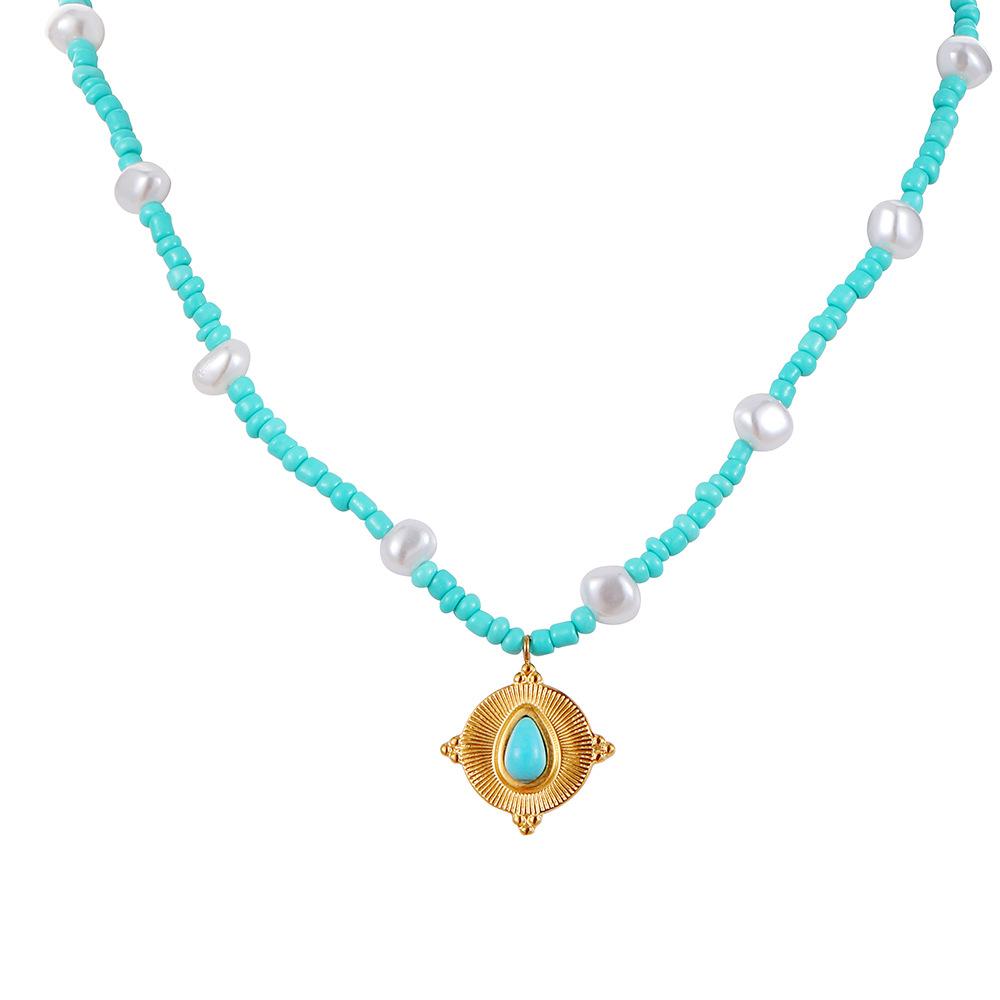 Summer ins ladies short choker stainless steel coin turquoise pearl sun necklace