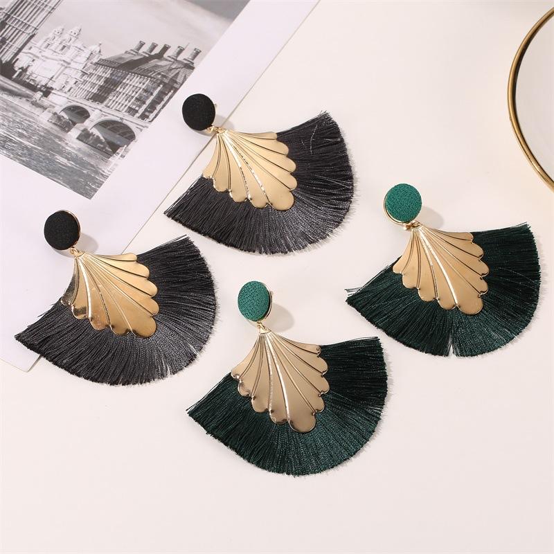 Earrings Bohemian fan-shaped tassel earrings fashion ripple design temperament exaggerated earrings