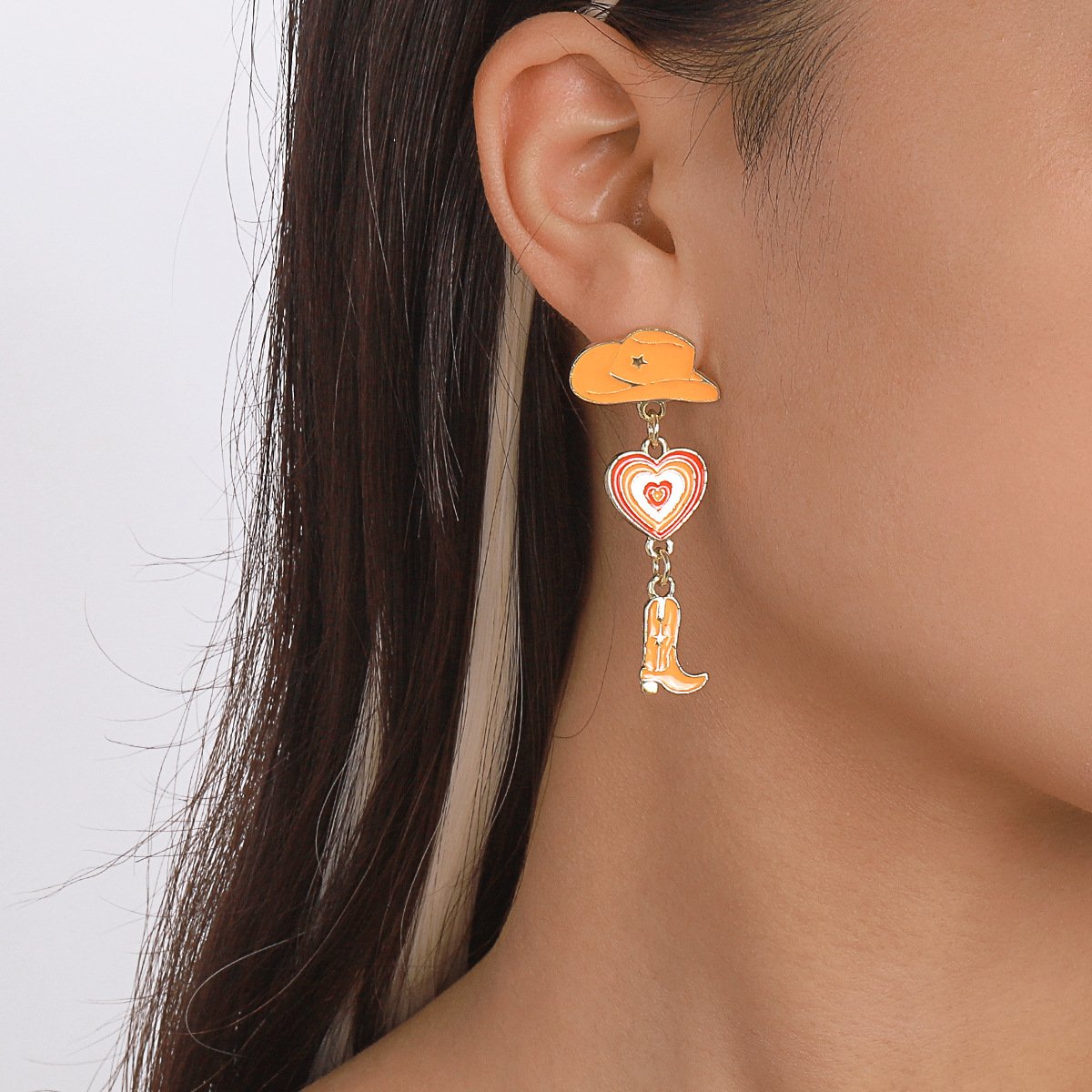 E1365 Popular Jewelry Modern Trendy Girl Earrings Hat Love Cowboy Boots Drip Oil Multilayer Earrings
