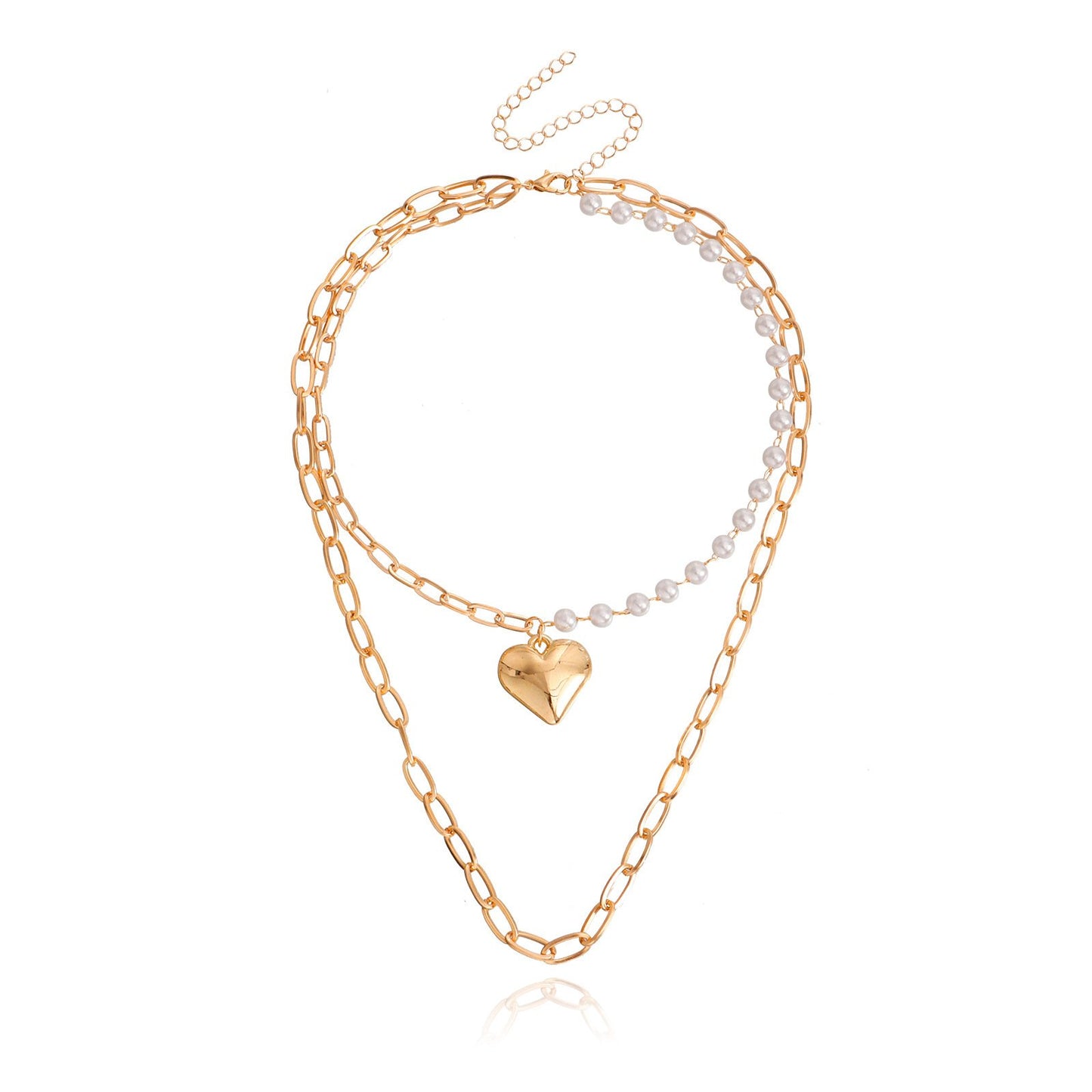 Jewelry punk double-layer geometric big heart pendant imitation pearl necklace female ins all-match necklace
