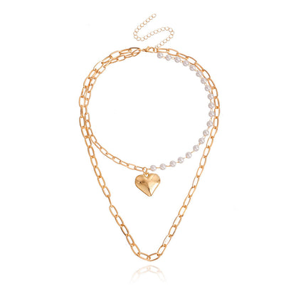 Jewelry punk double-layer geometric big heart pendant imitation pearl necklace female ins all-match necklace