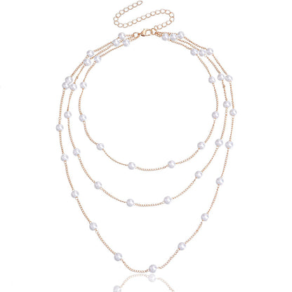 Jewelry simple geometric thin chain pearl multi-layer necklace female personality light luxury pearl necklace