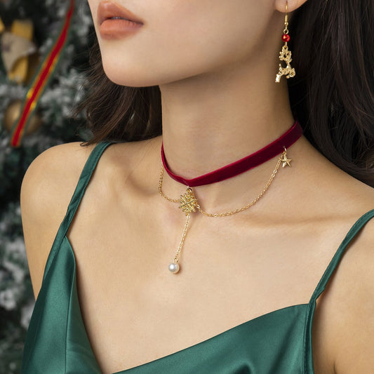 Jewelry Creative Snowflake Pentagram Tassel Flannel Necklace Female Simple Imitation Pearl Christmas Necklace