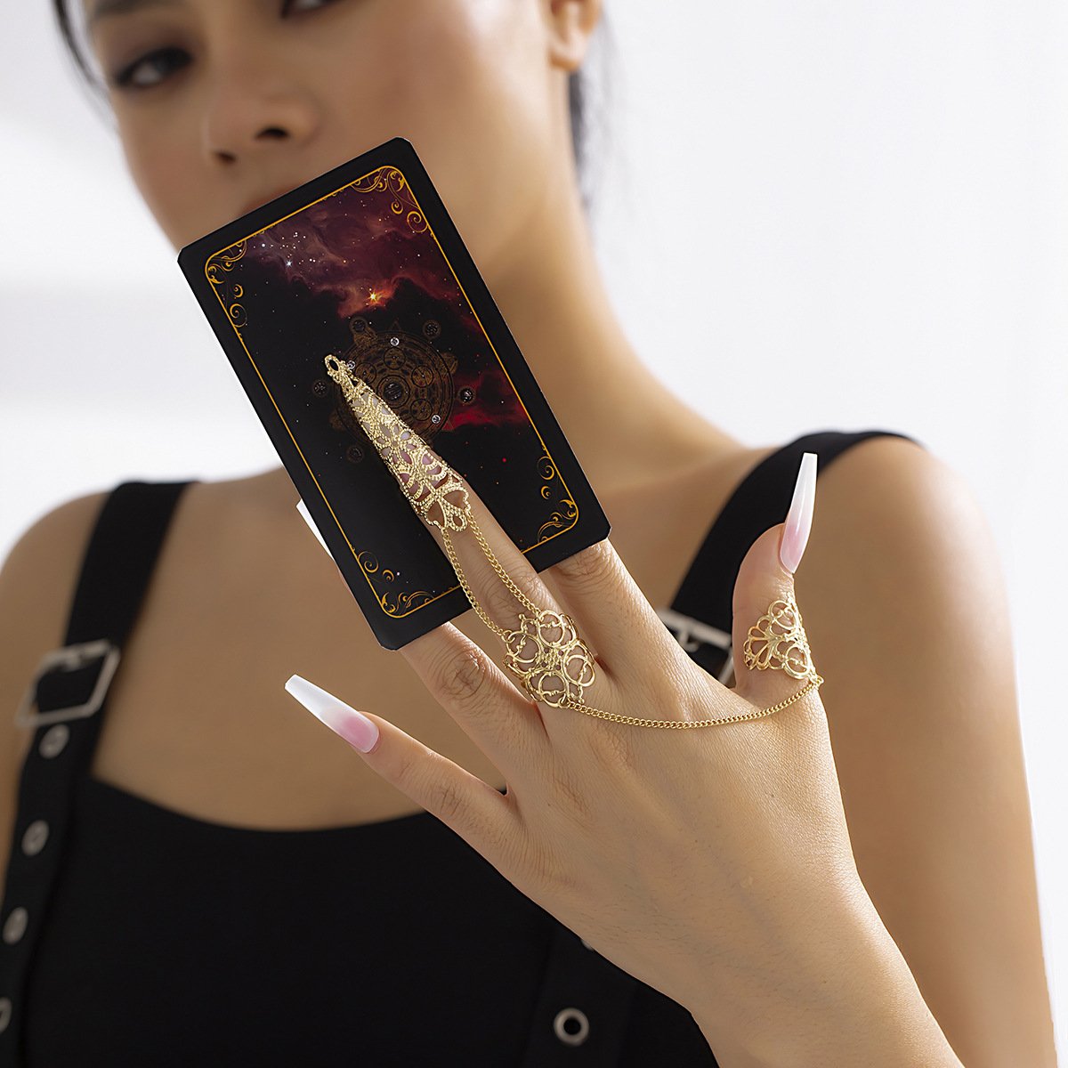 Jewelry gothic hollow tapered nail set with finger ring niche metal tassel ring female
