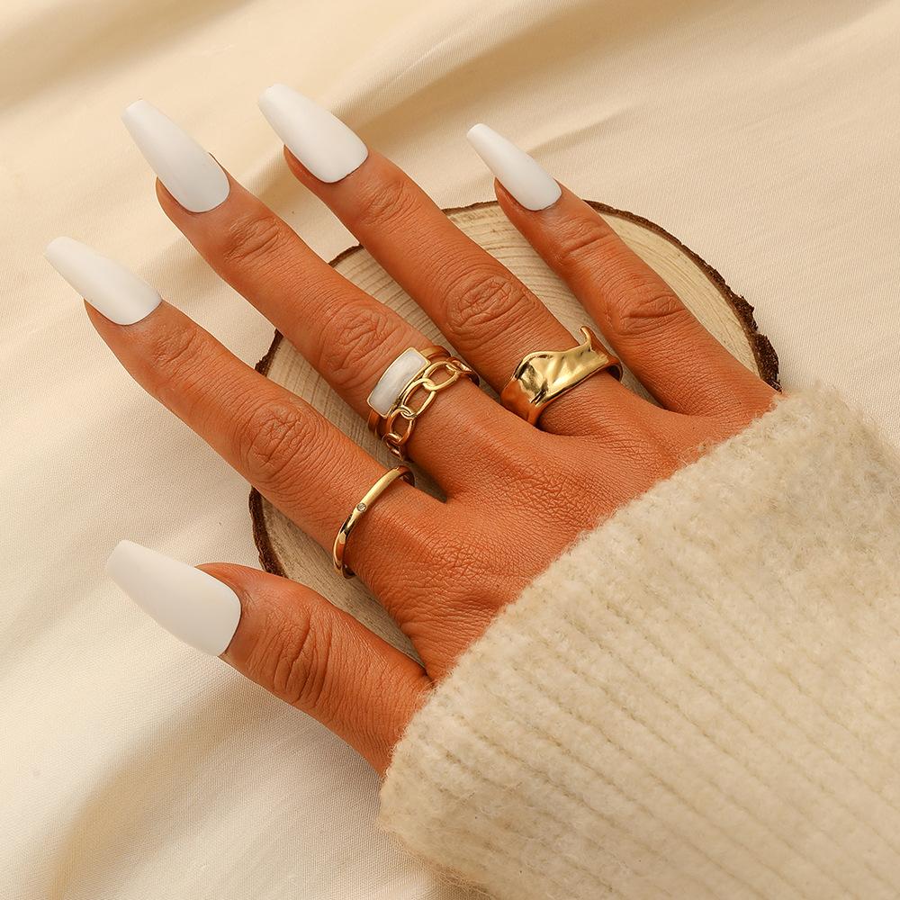 Versatile Fashion Simple Personality Stainless Steel Gold Square Drip Oil Hollow Ring Set Female