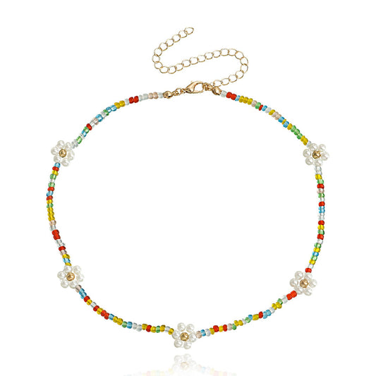 Jewelry Bohemian Colorful Transparent Rice Bead Necklace Imitation Pearl Woven Flower Necklace Necklace