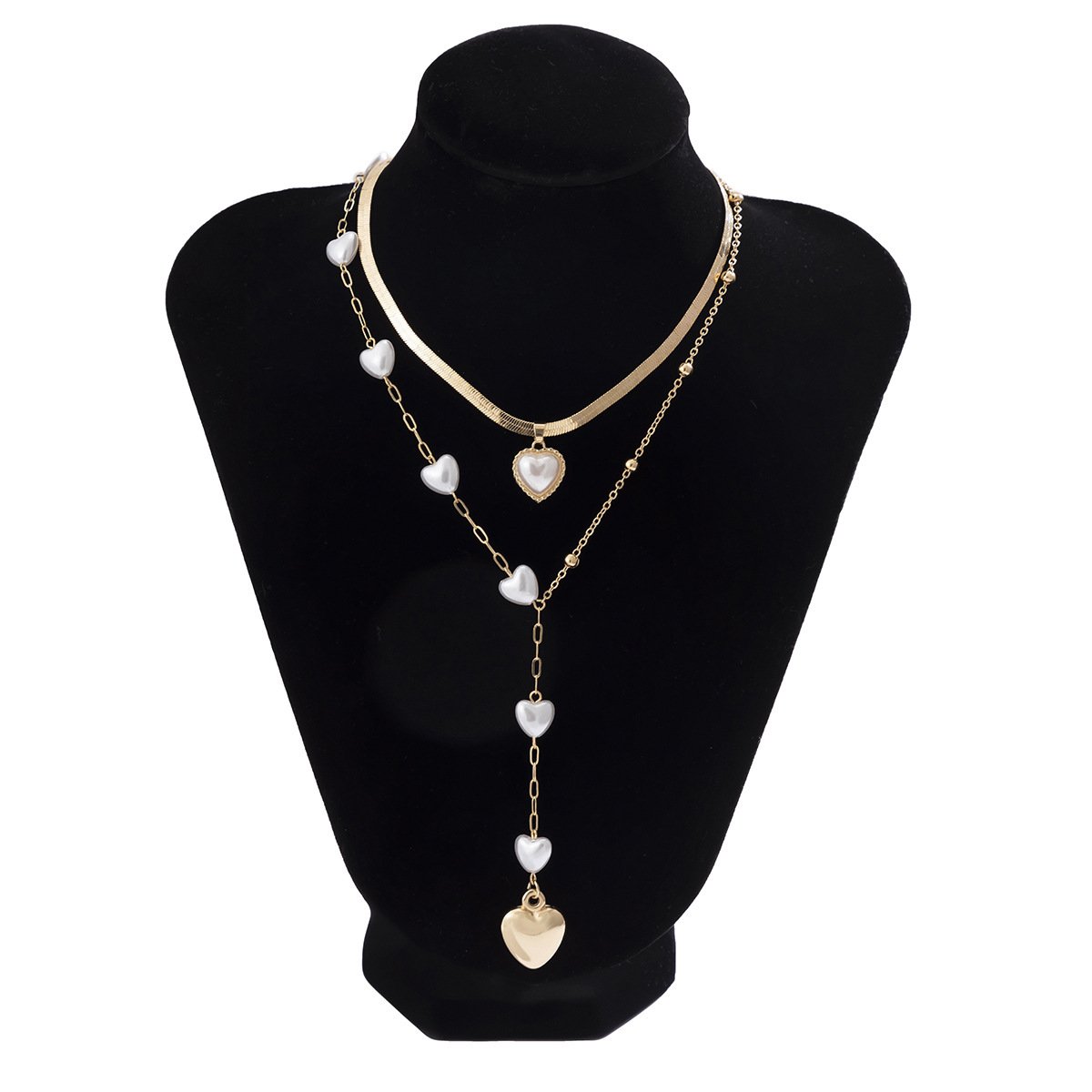 Jewelry Punk Faux Pearl Snake Chain Necklace Asymmetric Double Layer Heart Long Tassel Necklace