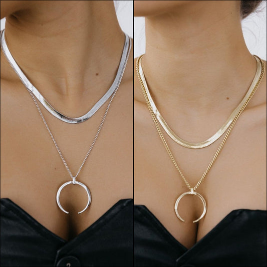 Jewelry trendy double-layer flat snake chain crescent pendant necklace female cold metal texture necklace