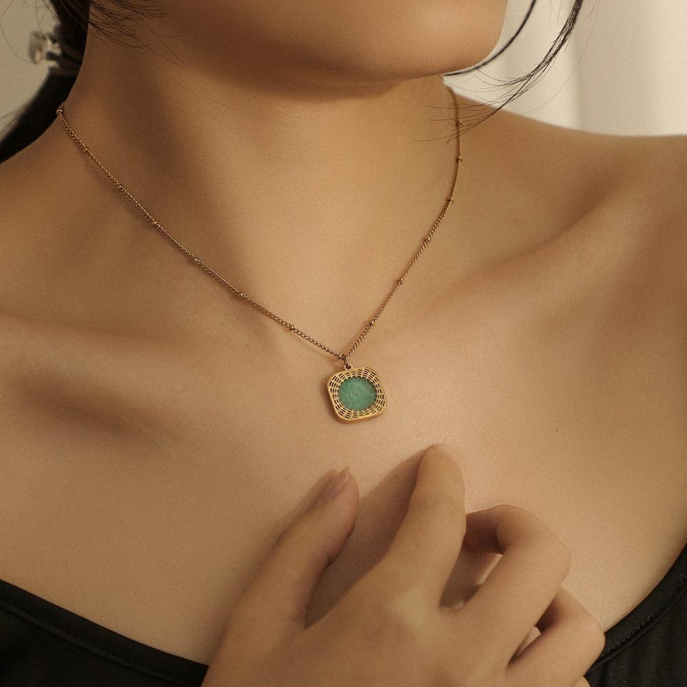 Stainless steel color-preserving turquoise compass square pendant personality niche geometric titanium steel necklace women