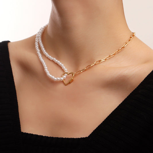 Jewelry ins creative imitation baroque pearl hollow love pendant necklace female necklace niche