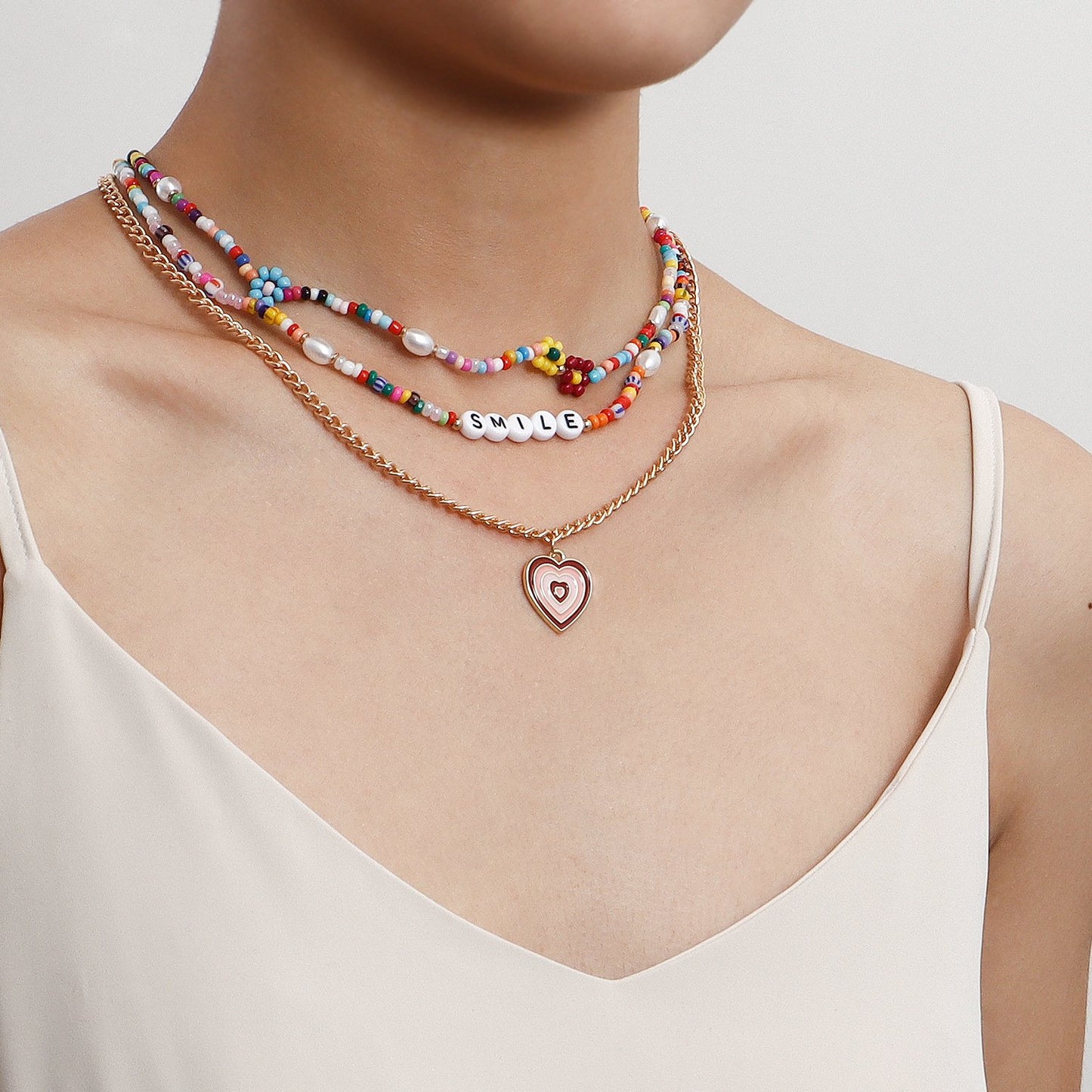 Jewelry Bohemian multi-layer color rice bead letters dripping oil painted love necklace female choker