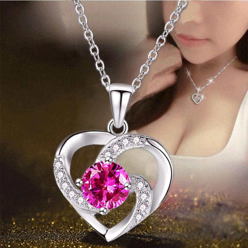 Fashion Ladies Clavicle Chain Love Shape Pendant 925 Silver Plated Diamond Necklace Jewelry