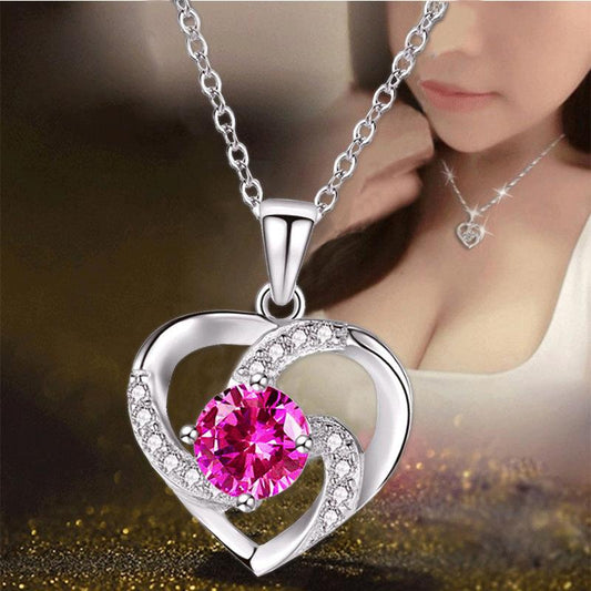 Fashion Ladies Clavicle Chain Love Shape Pendant 925 Silver Plated Diamond Necklace Jewelry