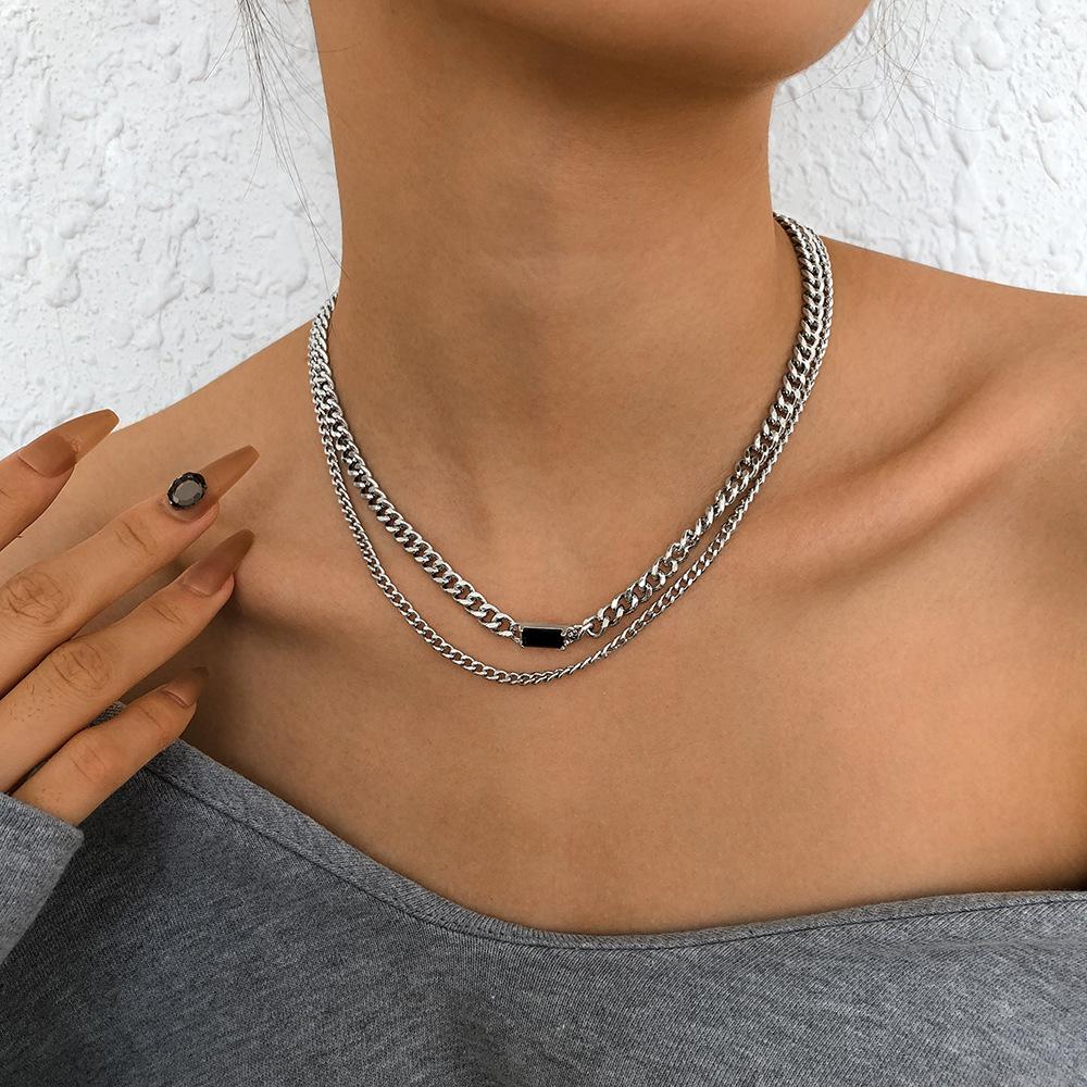 N938 Jewelry Metal Texture Stacked Necklace Personality Hip Hop Geometric Resin Double Layer Necklace Women
