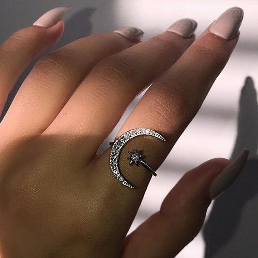 Crescent ring fashion star moon ring national star moon index finger open ring