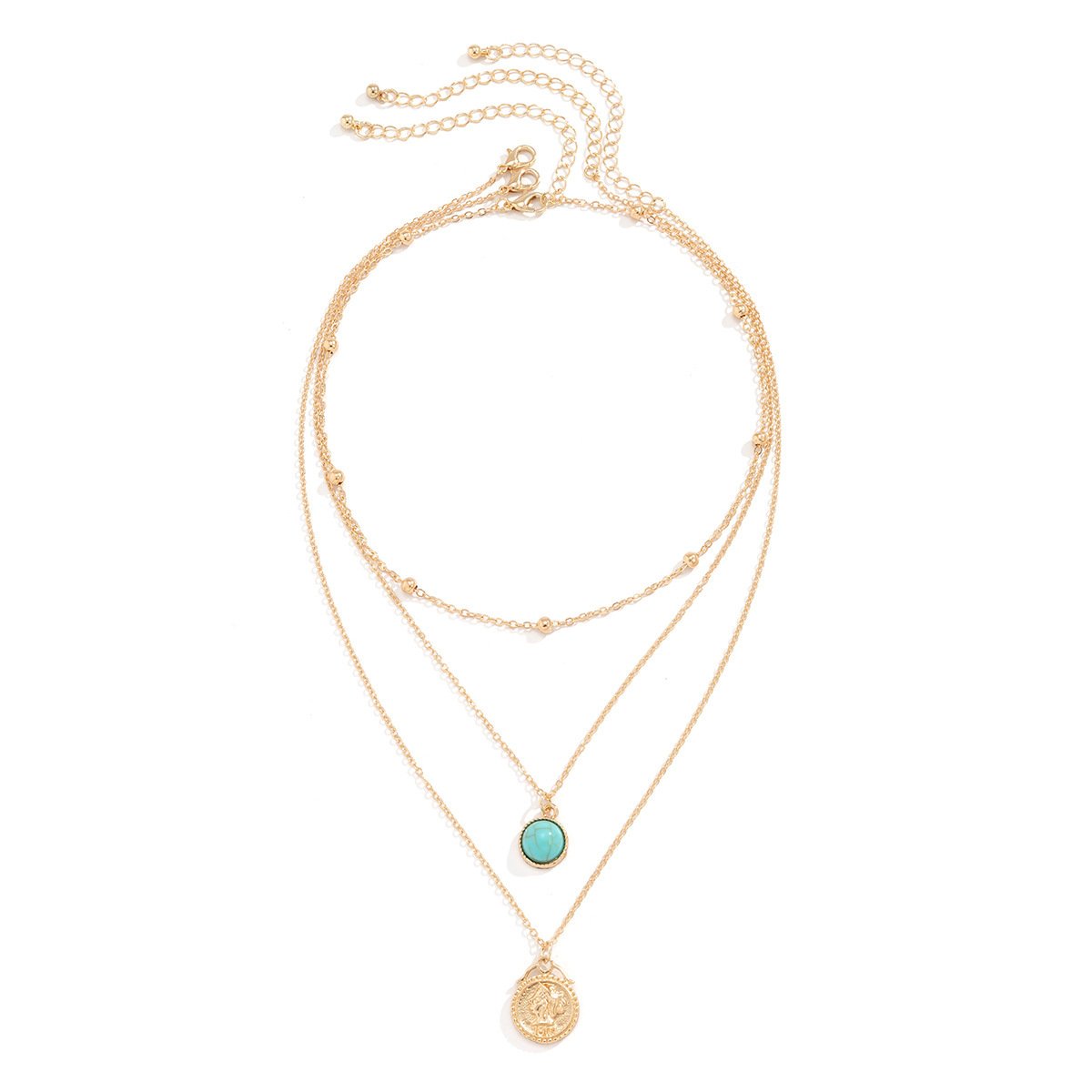 Jewelry Ethnic Thin Chain Metal Necklace Retro Portrait Embossed Turquoise Set Necklace Female