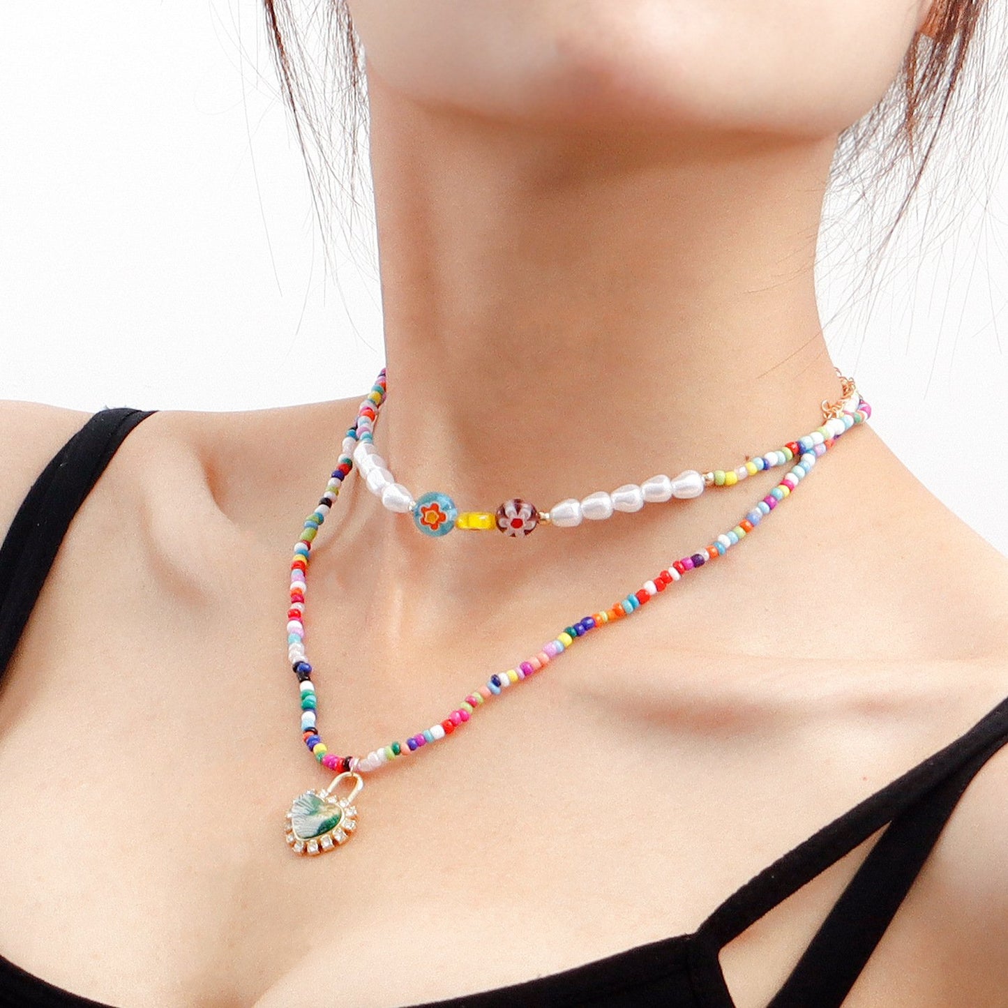 Jewelry Bohemian color rice beads glass flower love lock pendant necklace female necklace