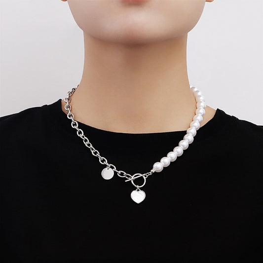 Jewelry love mother-of-pearl pendant imitation pearl beaded necklace female ins niche high-end sweater chain