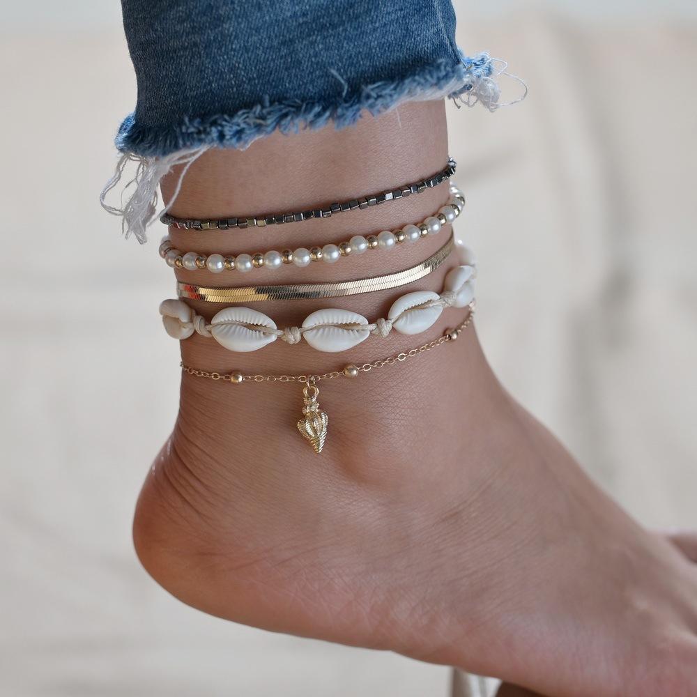 Popular Jewelry Simple Personality Marine Pearl Conch Shell Woven 5-Piece Anklet