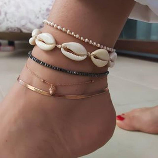 Popular Jewelry Simple Personality Marine Pearl Conch Shell Woven 5-Piece Anklet