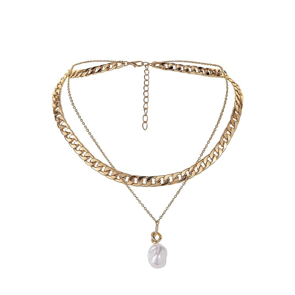 ins personality necklace double metal chain baroque special-shaped pearl pendant exaggerated clavicle chain