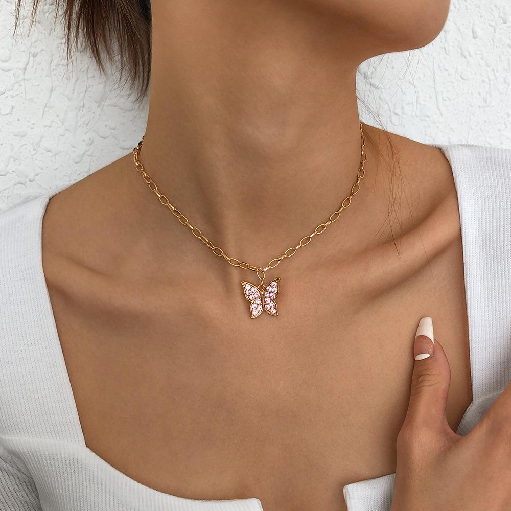 N9514 Jewelry Simple Single Layer Butterfly Full Diamond Clavicle Necklace Sweet Girly Necklace