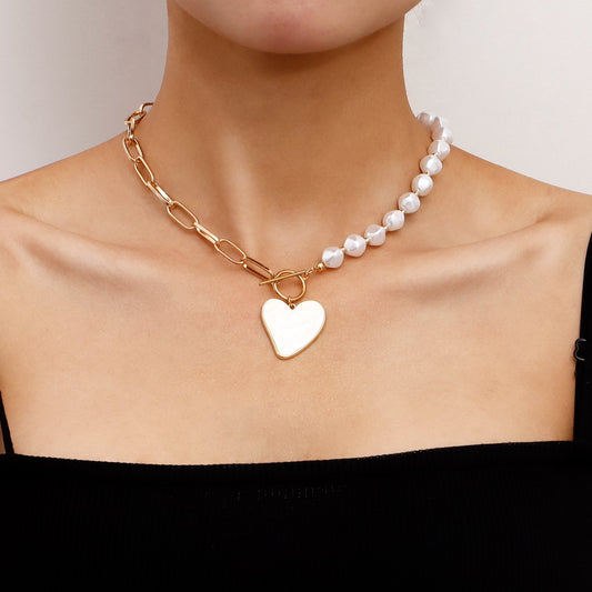Jewelry Trendy Stitching Chain Geometric Rhombus Pearl Heart Fritillary Pendant Necklace Female Sweater Chain