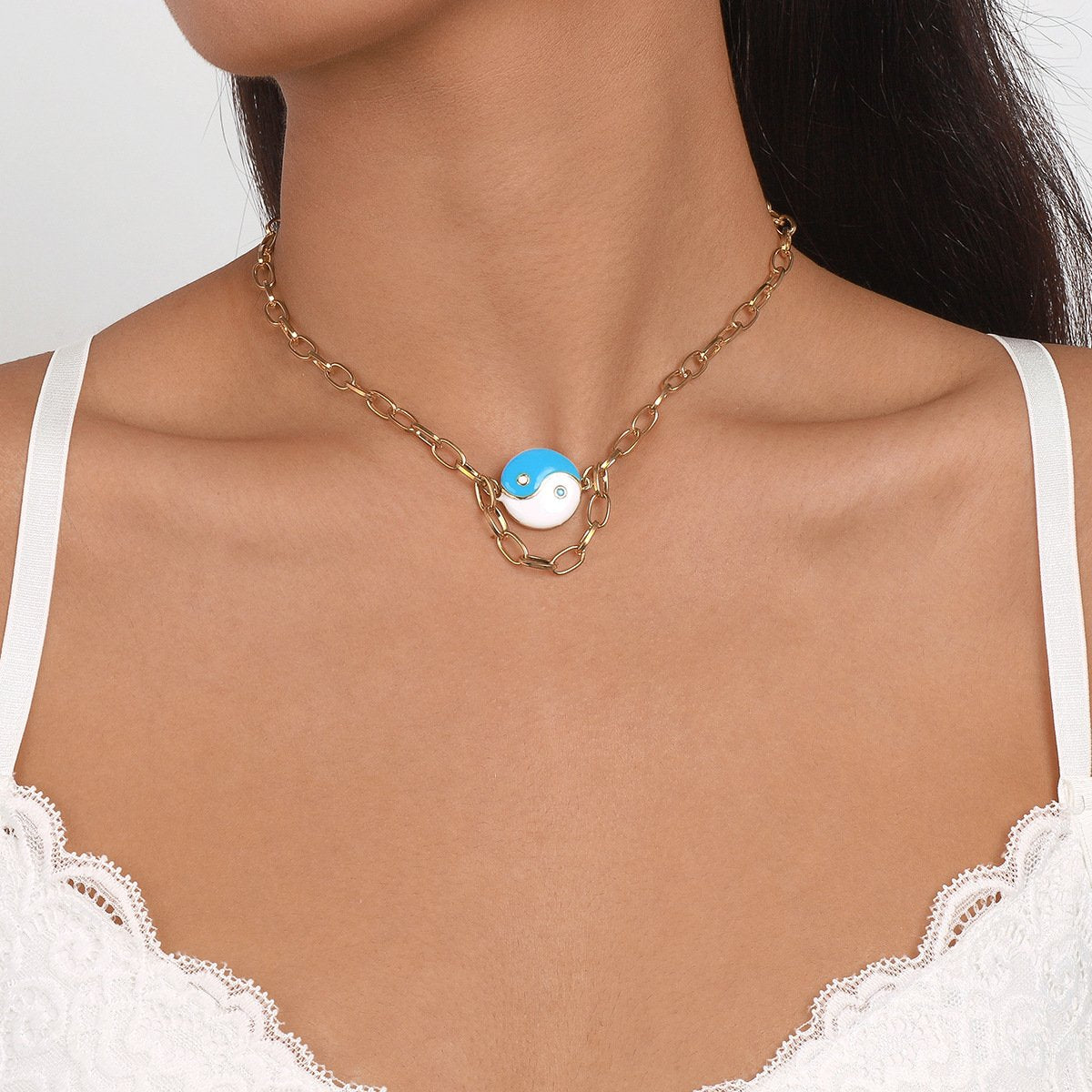 N1478 Single Layer Geometric Necklace Alloy Drip Oil Tai Chi Yin Yang Eight Diagrams Necklace Creative Fashion Necklace