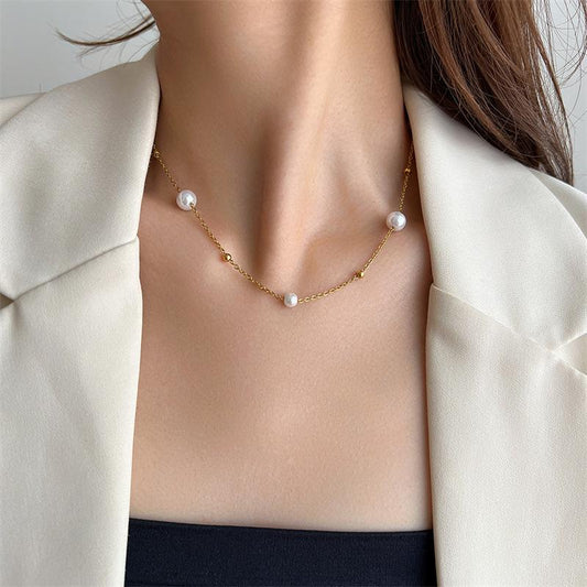 Natural pearl golden bead starry necklace niche design light luxury simple and versatile pearl clavicle chain temperament