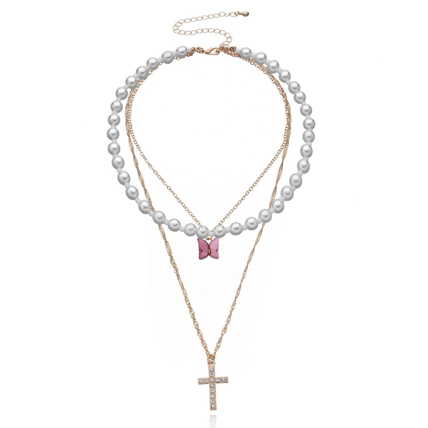 Jewelry Trend Full Diamond Cross Pendant Necklace Female Acrylic Butterfly Pearl Necklace