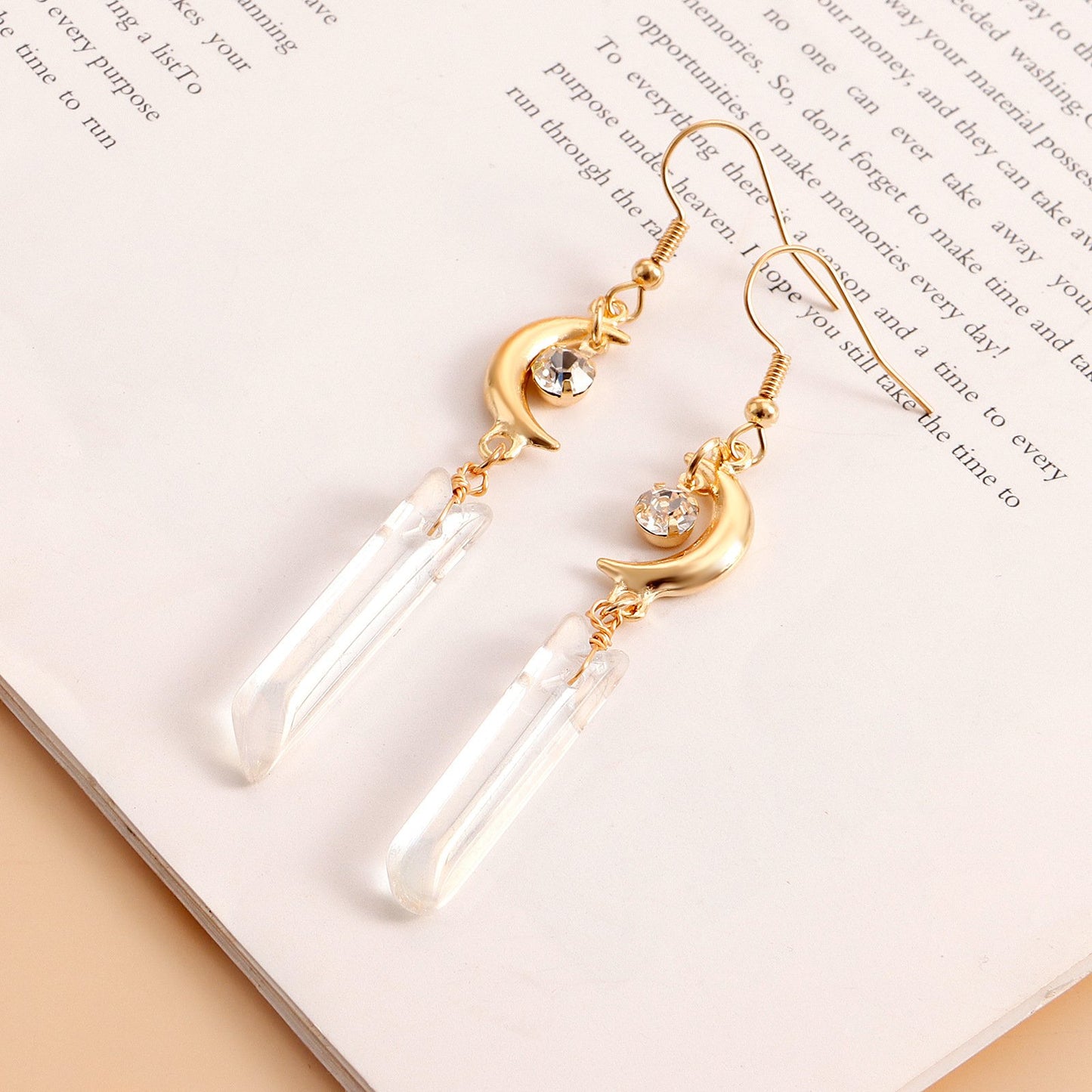 Jewelry punk long tassel transparent white crystal crescent pendant earrings female ins high-end sense