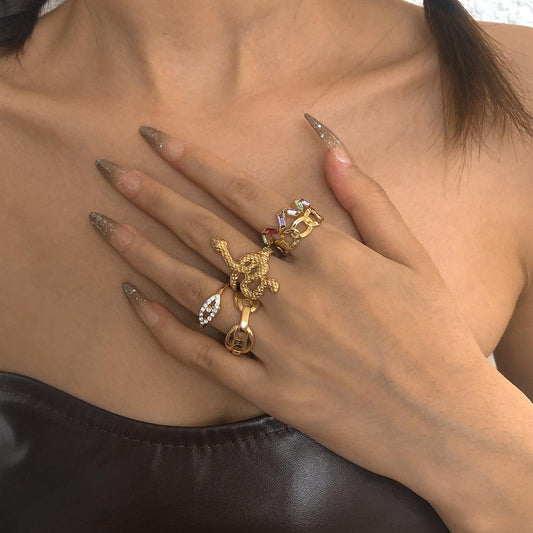 R699 Personality Exaggerated Hollow Ring Female Snake Shape Diamond Temperament Fashion Cool Joint Ring 5-Piece Set