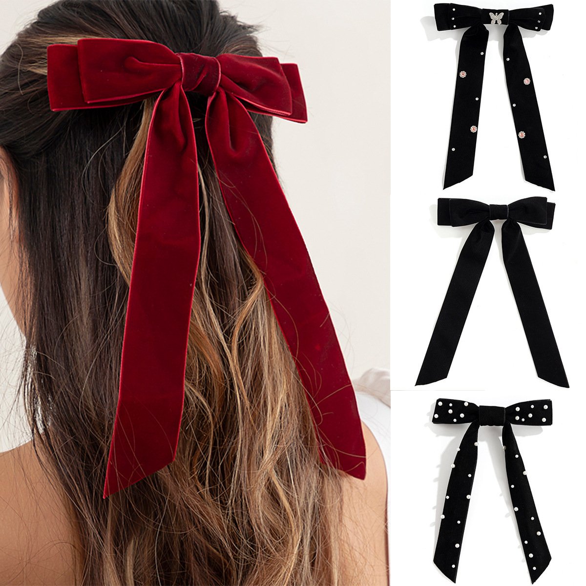 Big bowknot velvet all-match spring clip simple top clip sweet imitation pearl ribbon back head hair clip hair accessories