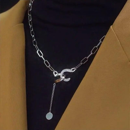The same autumn and winter all-match cross sweater chain female niche light luxury ins titanium steel adjustable double C necklace