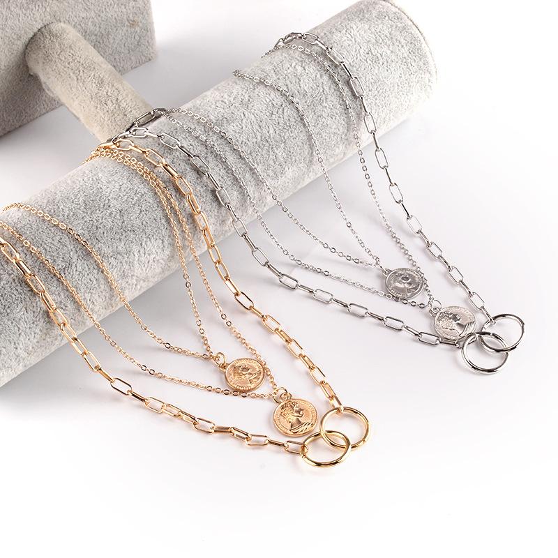 Decorated with multi-layered ring pendant necklace female ins cold beauty head pendant clavicle chain