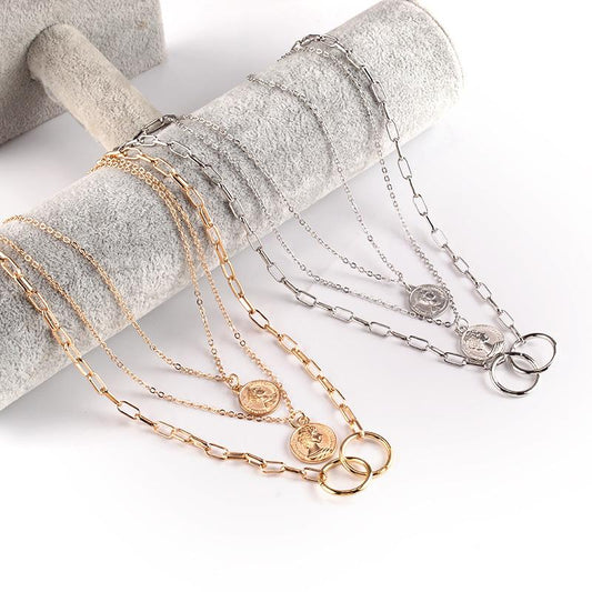 Decorated with multi-layered ring pendant necklace female ins cold beauty head pendant clavicle chain