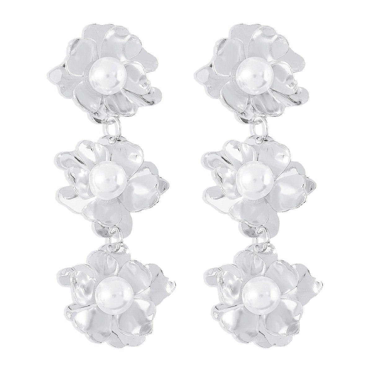 E118 Simple three-dimensional metal flower earrings cold design pearl long temperament earrings
