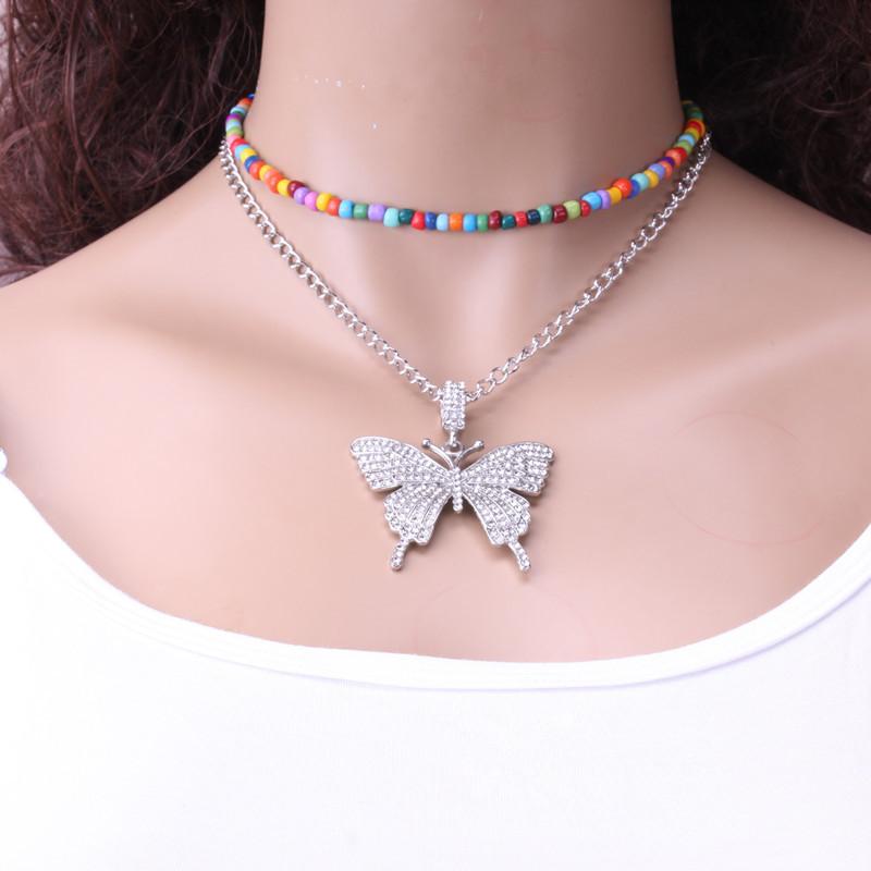 Fashion Jewelry Simple Rice Bead Set Necklace Autumn Alloy Diamond Big Butterfly Necklace