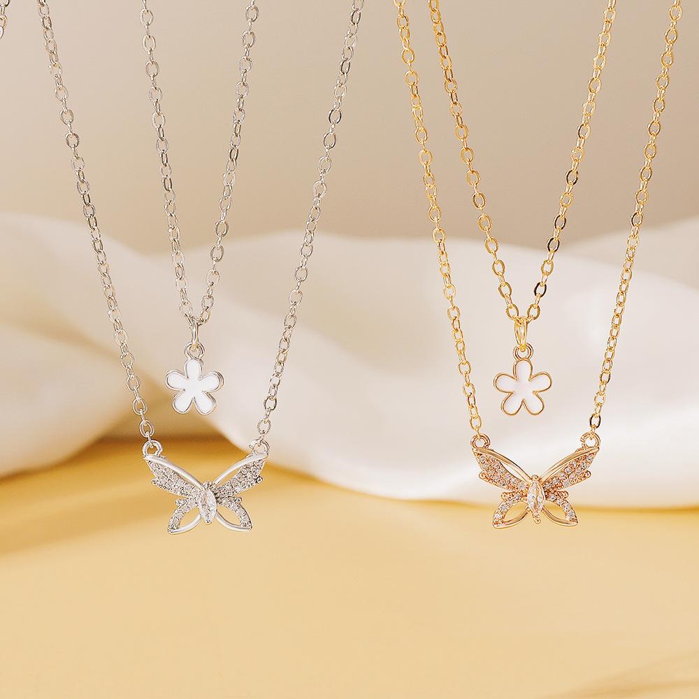 Ins stacked butterfly necklace female fashion niche design double flower pendant clavicle chain net red pendant