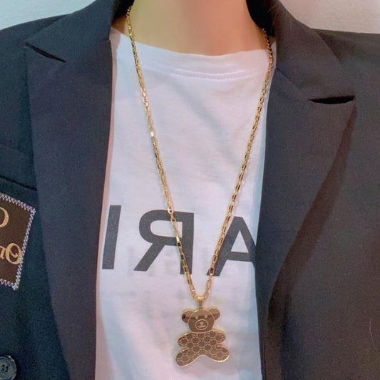 Explosive INS niche design titanium steel sweater chain personality simple and versatile bear print necklace