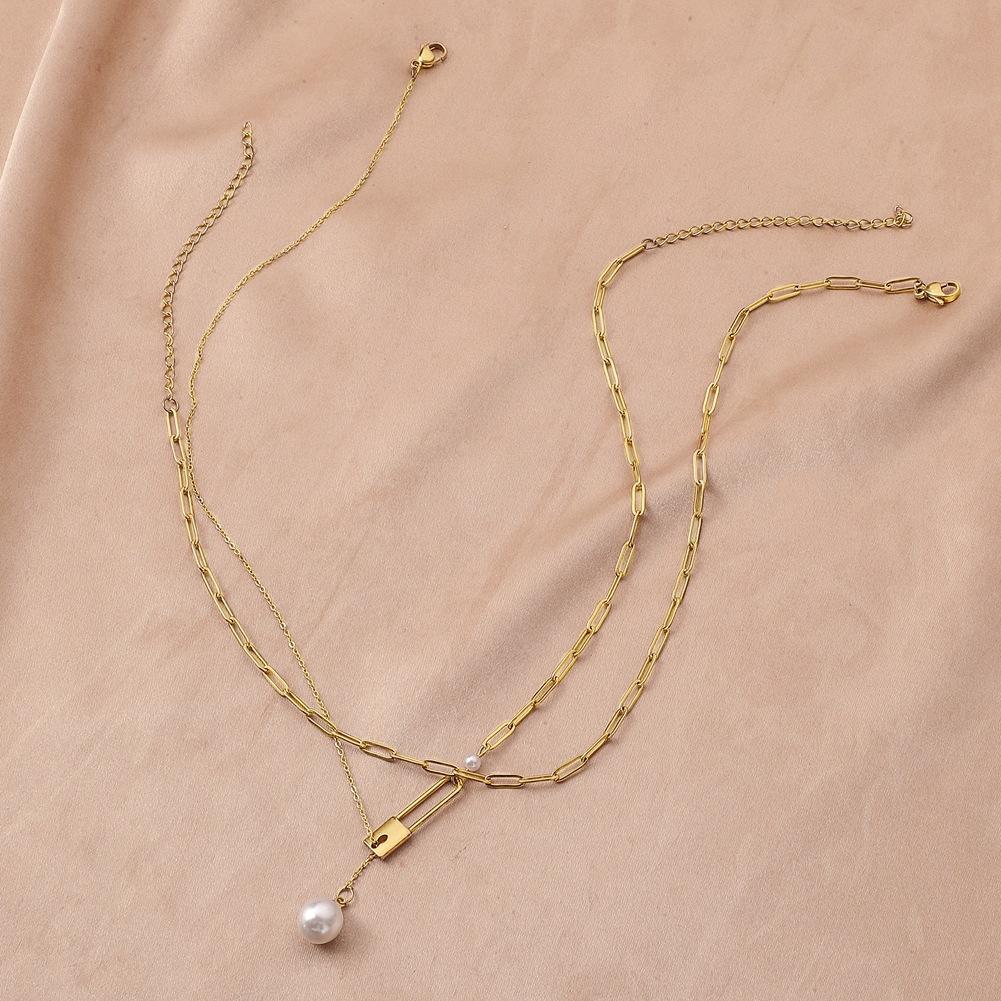 Stainless Steel Brooch Pearl Adjustable Double Layer Necklace Fashion Design Clavicle Chain Titanium Steel Necklace