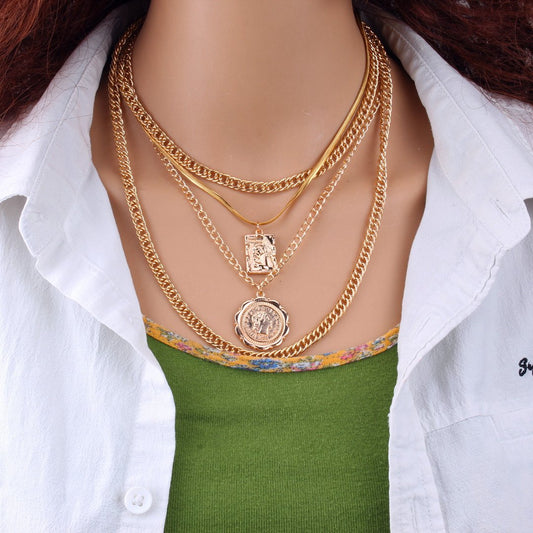 Jewelry Vintage Multilayer Chain Angel Wings Embossed Queen Image Necklace Clavicle Chain